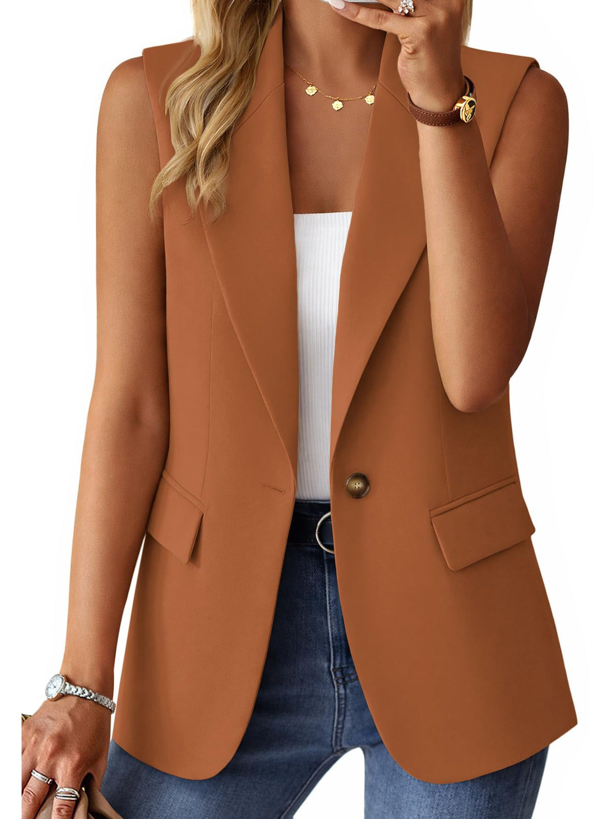 Mina Self Women's Sleeveless Vest Tops Open Front Lightweight Blazer Jacket