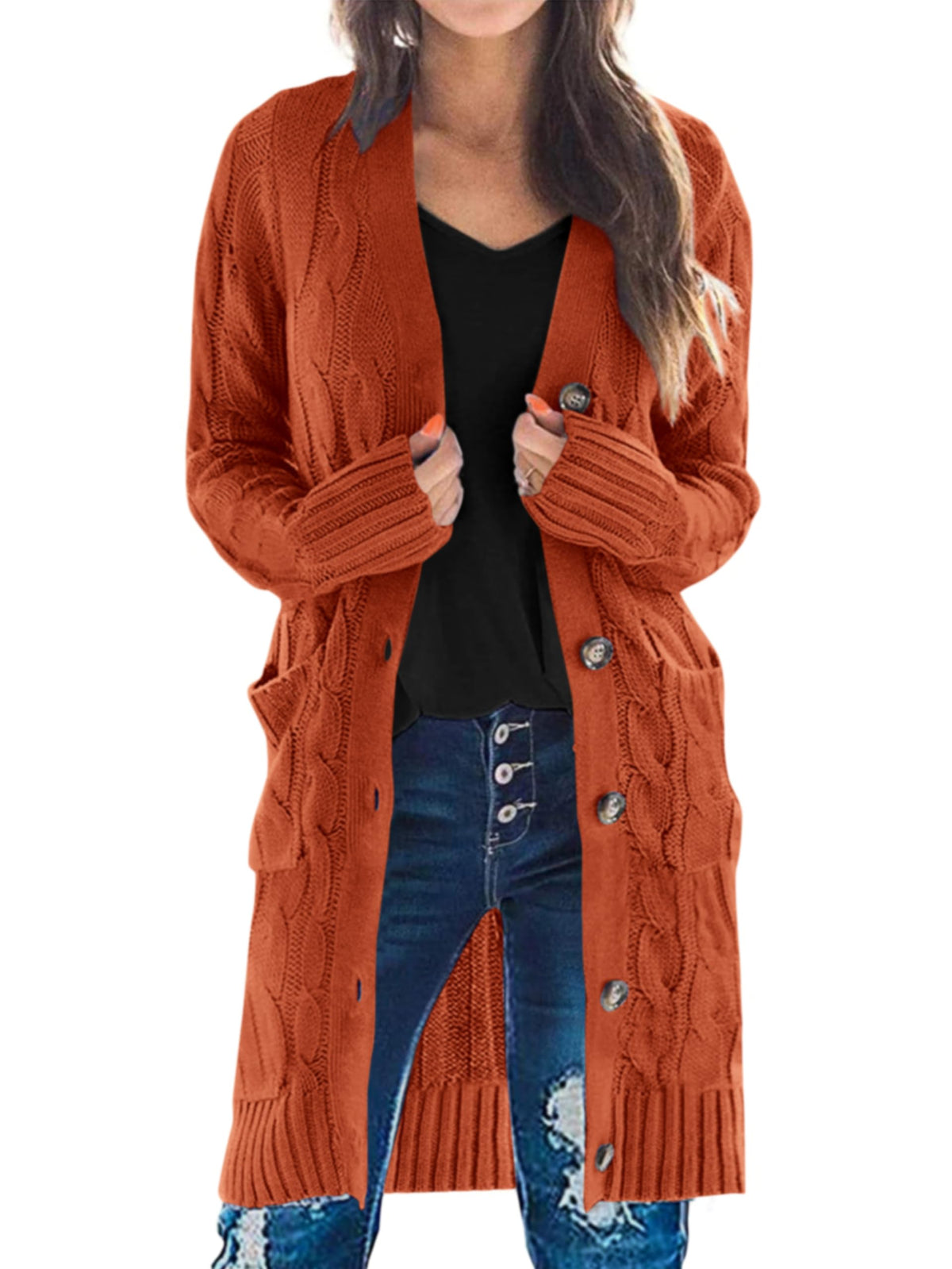 PRETTYGARDEN Womens Cable Knit Button Long Cardigan Sweaters