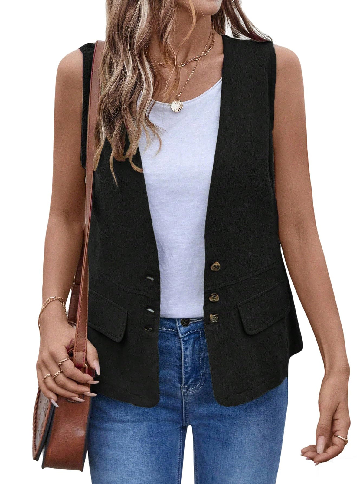 IDEALSANXUN Womens Cotton Linen Vest Casual Lightweight Button Down Sleeveless Jackets Tops