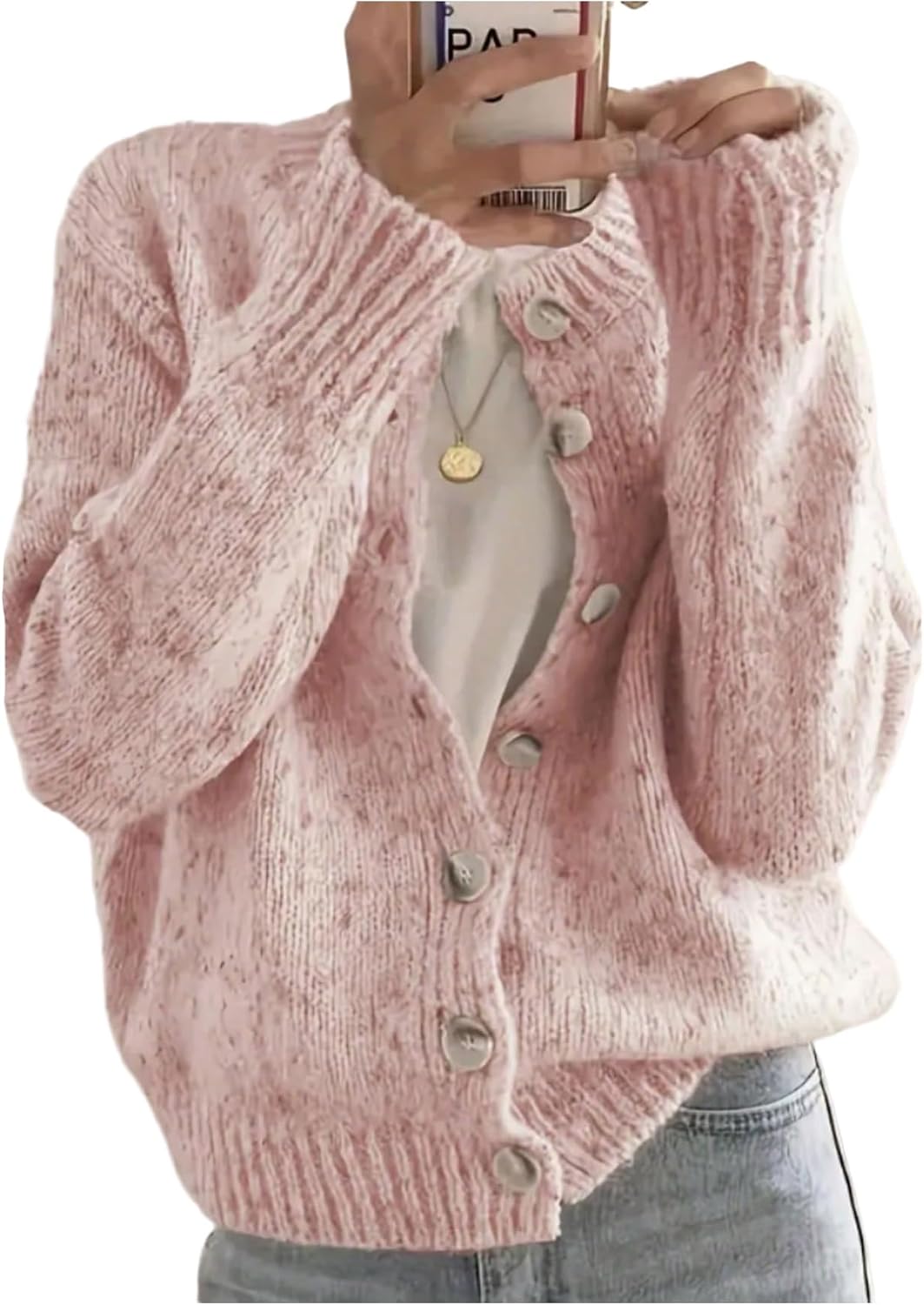 WDIRARA Women's Button Down Cardigan Sweaters Crewneck Long Sleeve Knit Outerwear Casual Knitwear