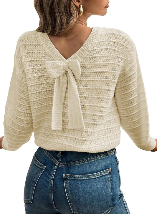 EVALESS Womens Bow Sweaters Pullover Knit Tops Fall Outfits