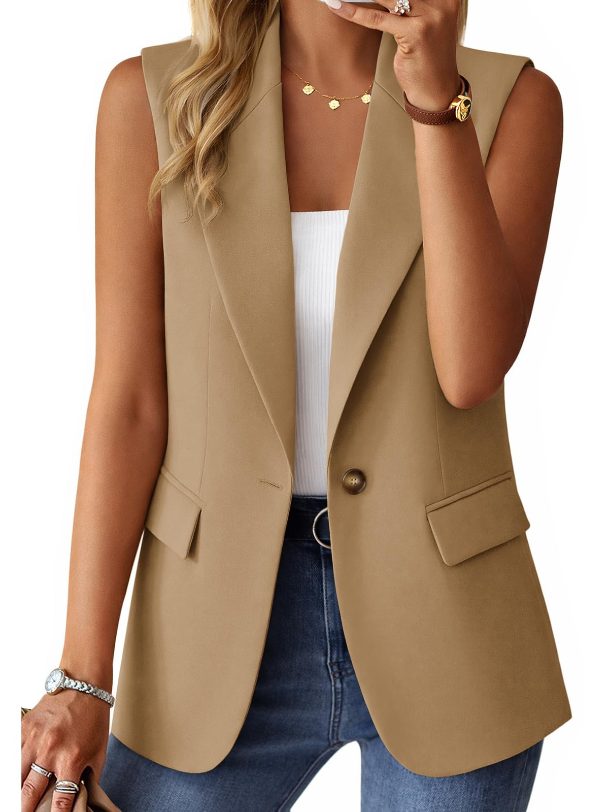 Mina Self Women's Sleeveless Vest Tops Open Front Lightweight Blazer Jacket
