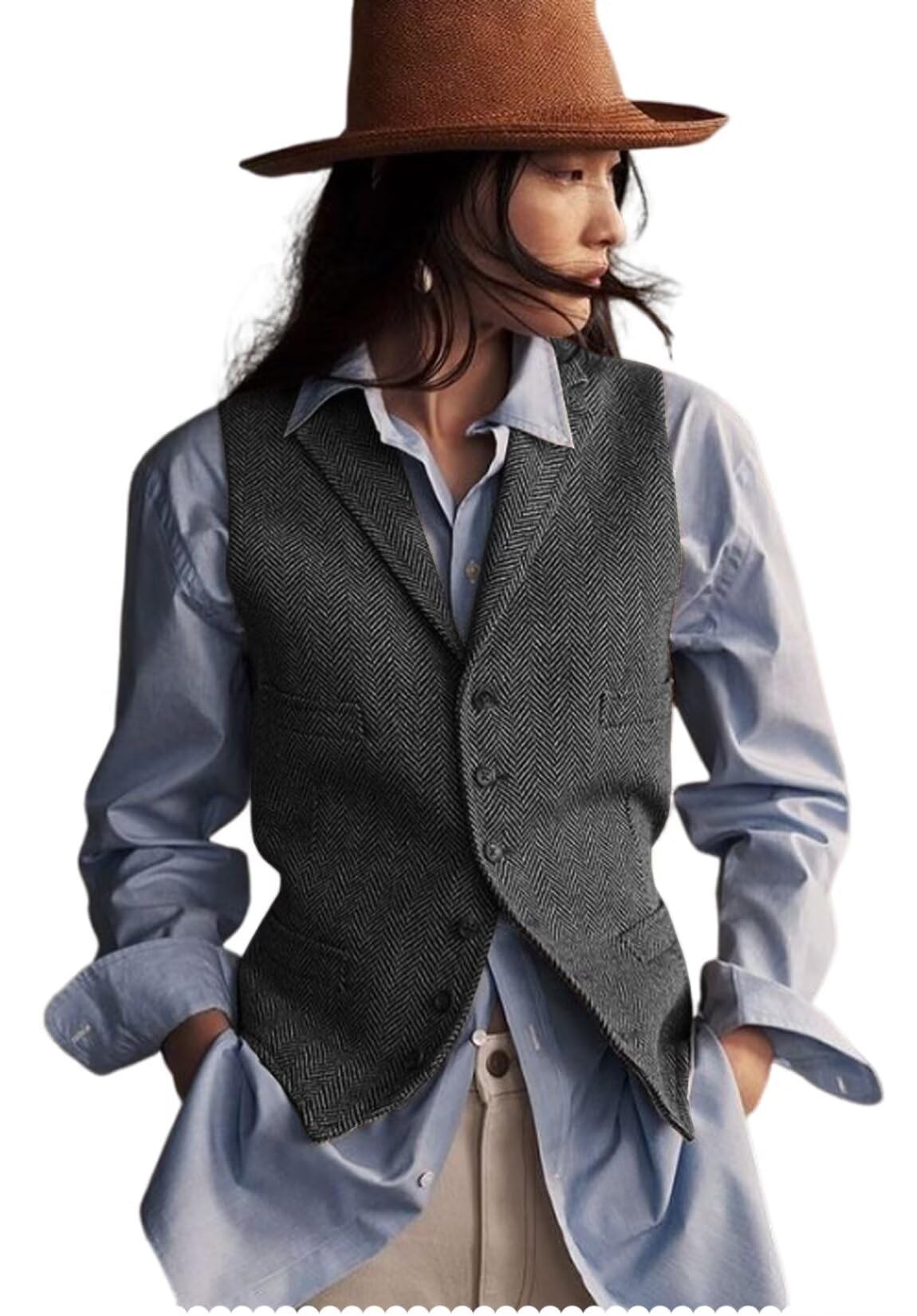 Women's Herringbone Tweed Waistcoat V-Neck Lapel Suit Vest