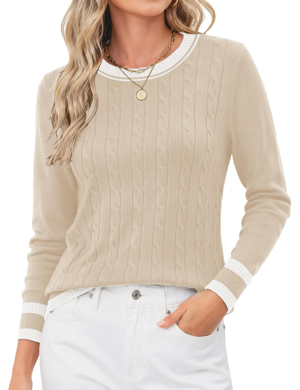 Rapbin Women's Contrast Trim Knit Sweater Long Sleeve Crew Neck Pullover