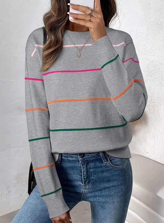 SHEWIN Womens Sweaters Crew Neck Knit Long Sleeve Striped Sweater Fall Outfits for Women 2026