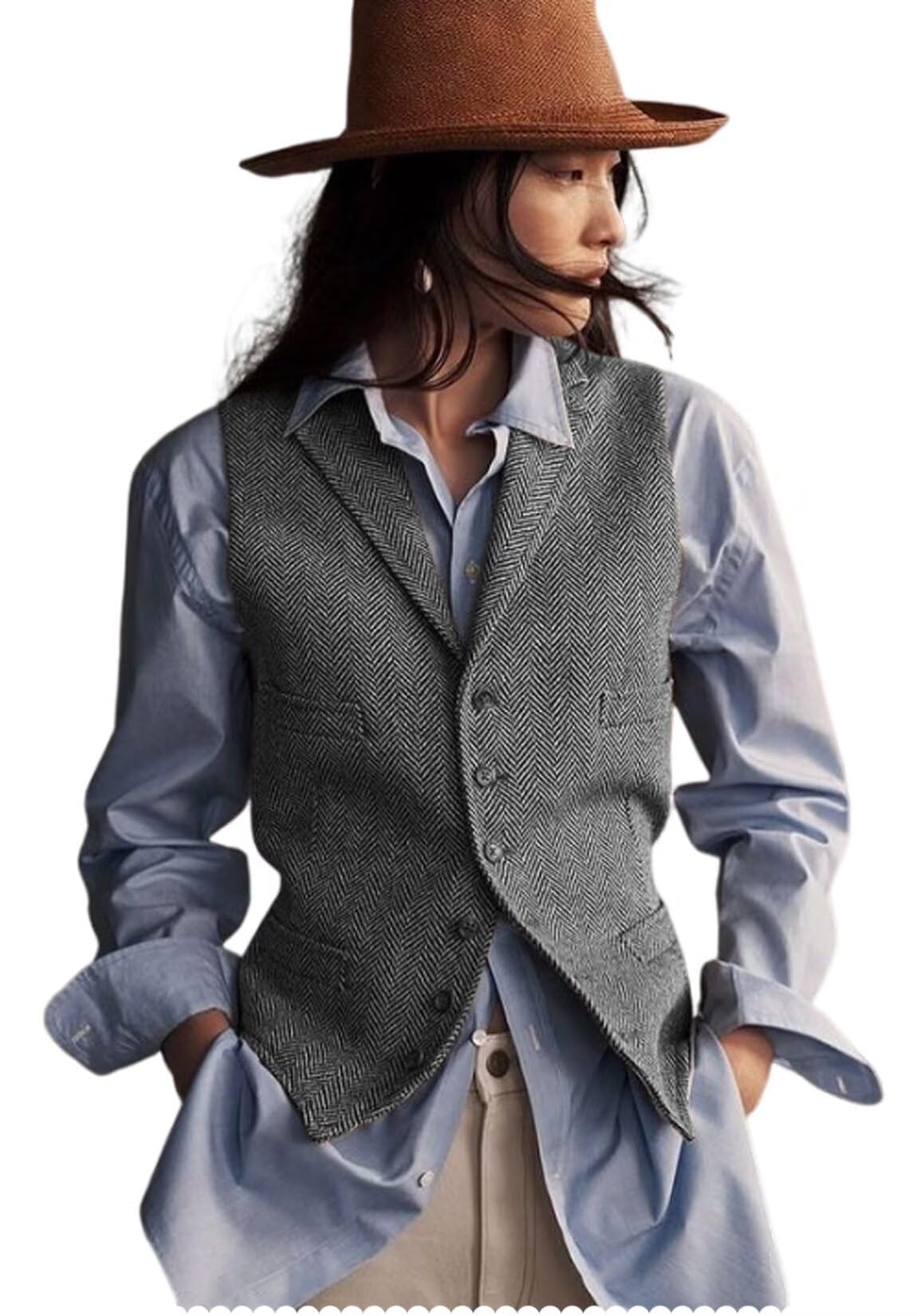 Women's Herringbone Tweed Waistcoat V-Neck Lapel Suit Vest