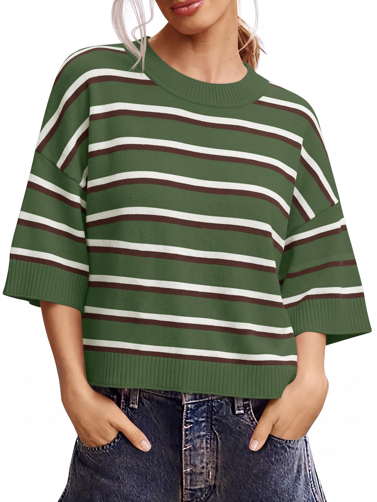 Saodimallsu Womens Short Sleeve Sweater Oversized Cropped Sweaters Knit Top