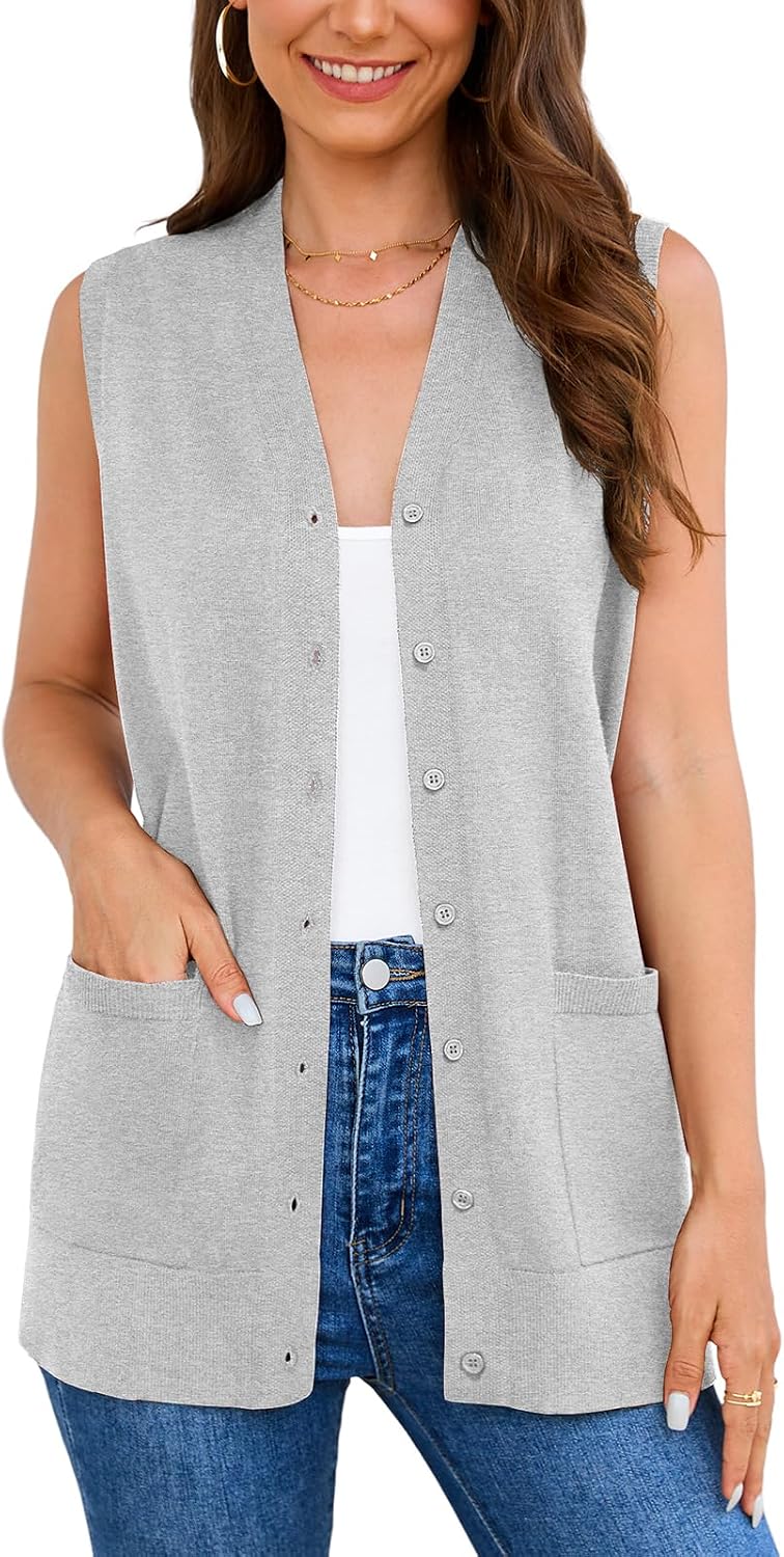 Veryoung Women's 2026 Sleeveless Button Down Cardigan Sweaters Fashion Casual Soft Knit Office Duster Vests with Cozy Pockets