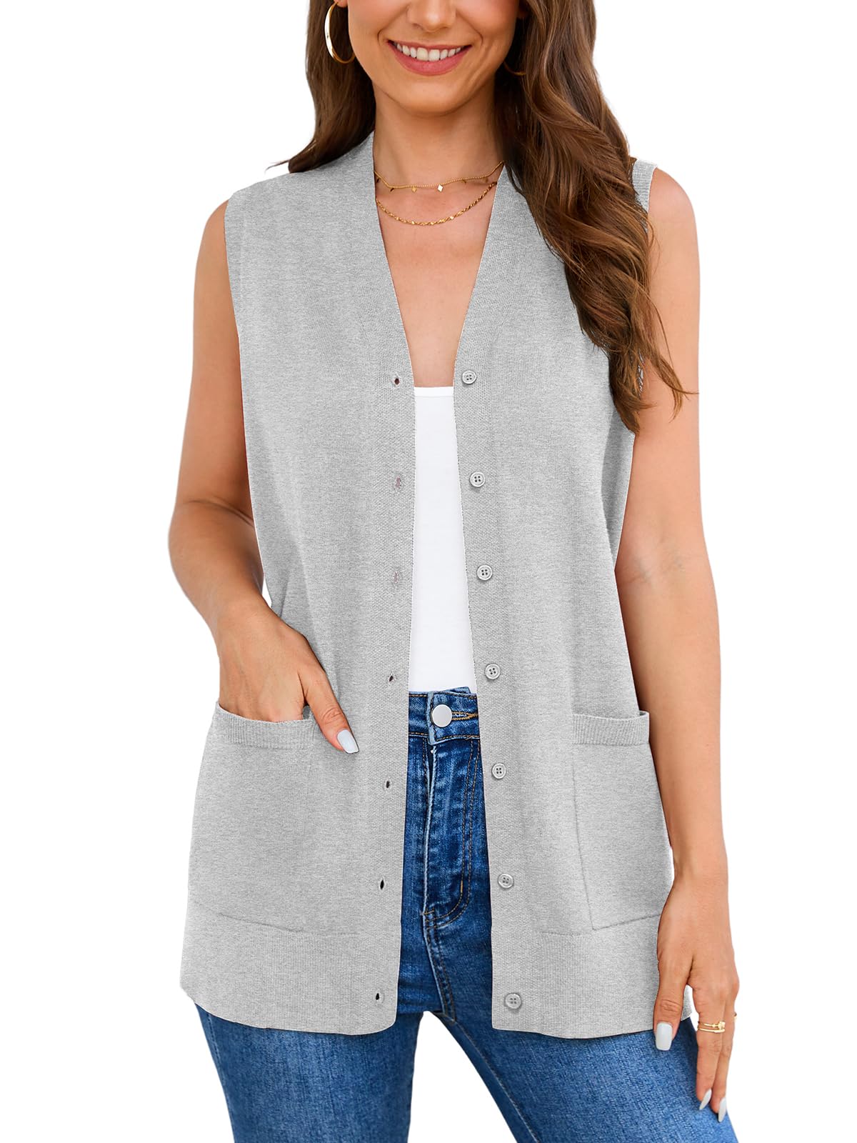 Veryoung Women's 2026 Sleeveless Button Down Cardigan Sweaters Fashion Casual Soft Knit Office Duster Vests with Cozy Pockets
