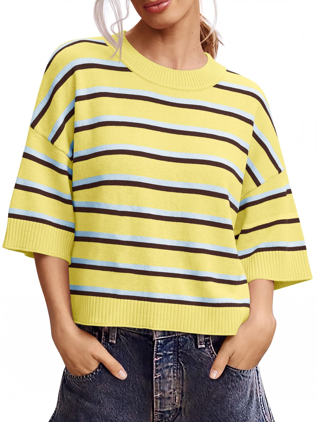Saodimallsu Womens Short Sleeve Sweater Oversized Cropped Sweaters Knit Top