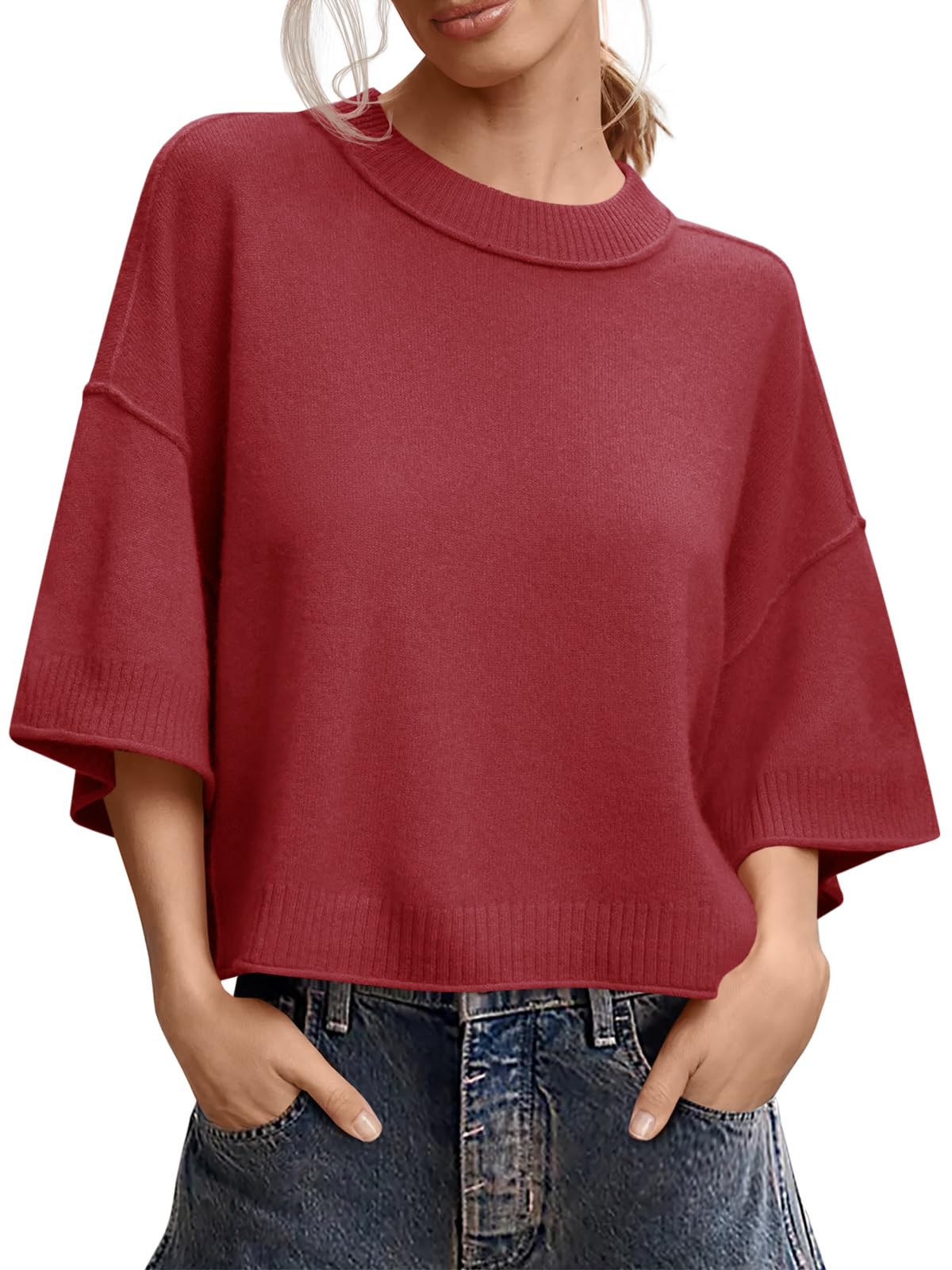 Saodimallsu Womens Short Sleeve Sweater Oversized Cropped Sweaters Knit Top