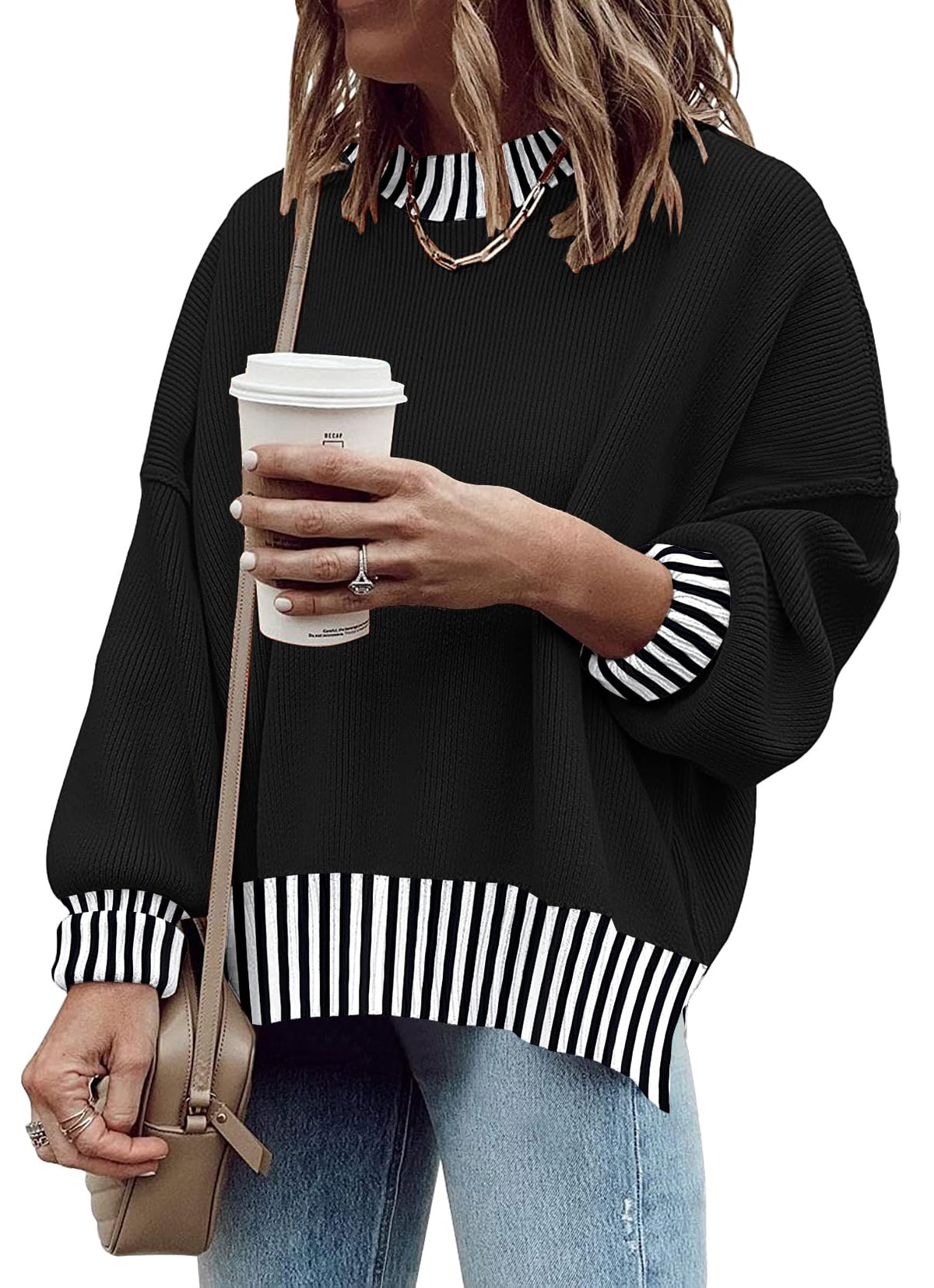 Womens Oversized Sweaters Fall Fashion Side Slit Ribbed Pullover Sweater