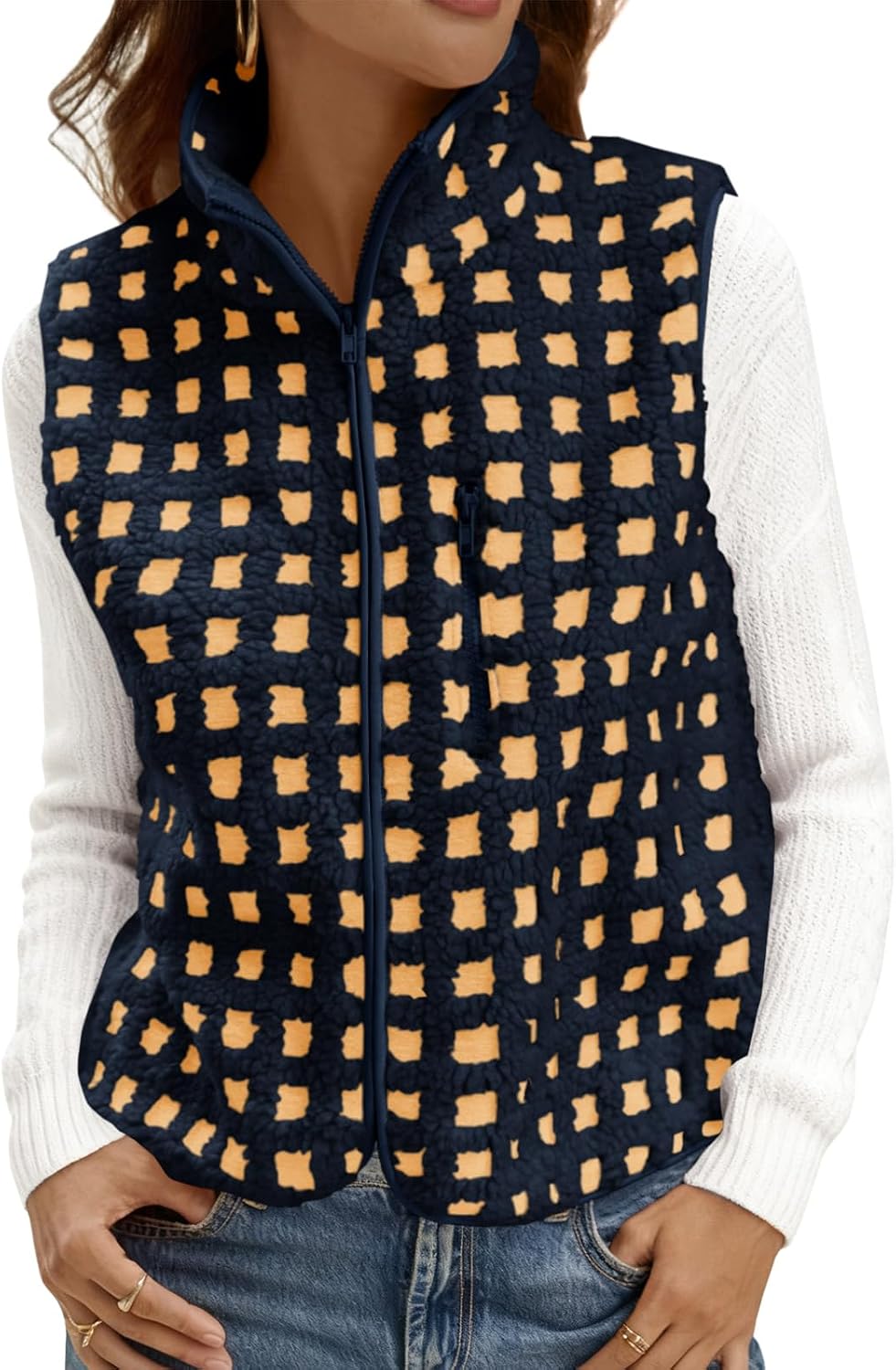 Tankaneo Womens Checkered Sherpa Vest Fleece Fuzzy Zip Up Sleeveless Jacket