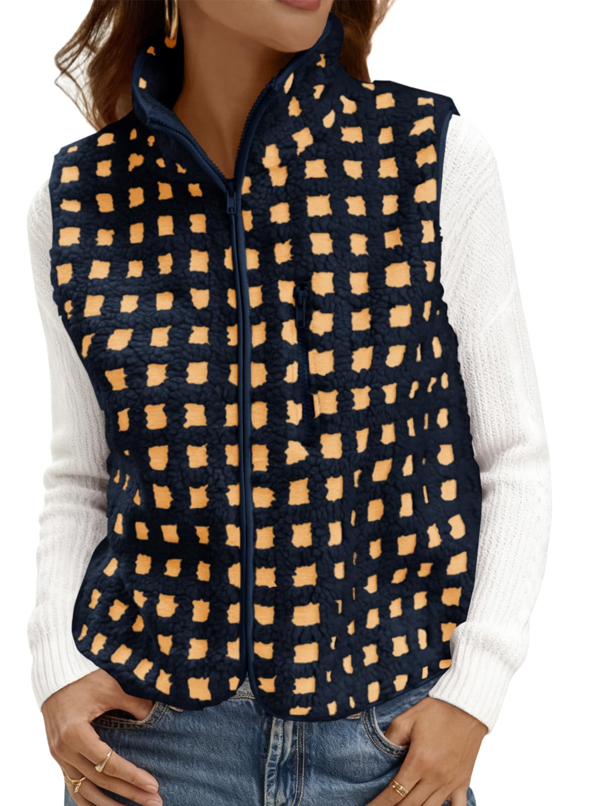 Tankaneo Womens Checkered Sherpa Vest Fleece Fuzzy Zip Up Sleeveless Jacket