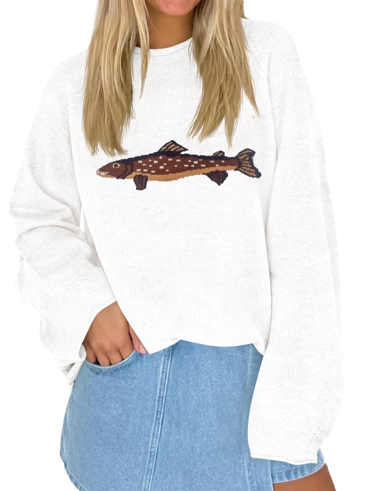 Tankaneo Womens Fish Graphic Oversized Sweaters Lightweight Knit Pullover