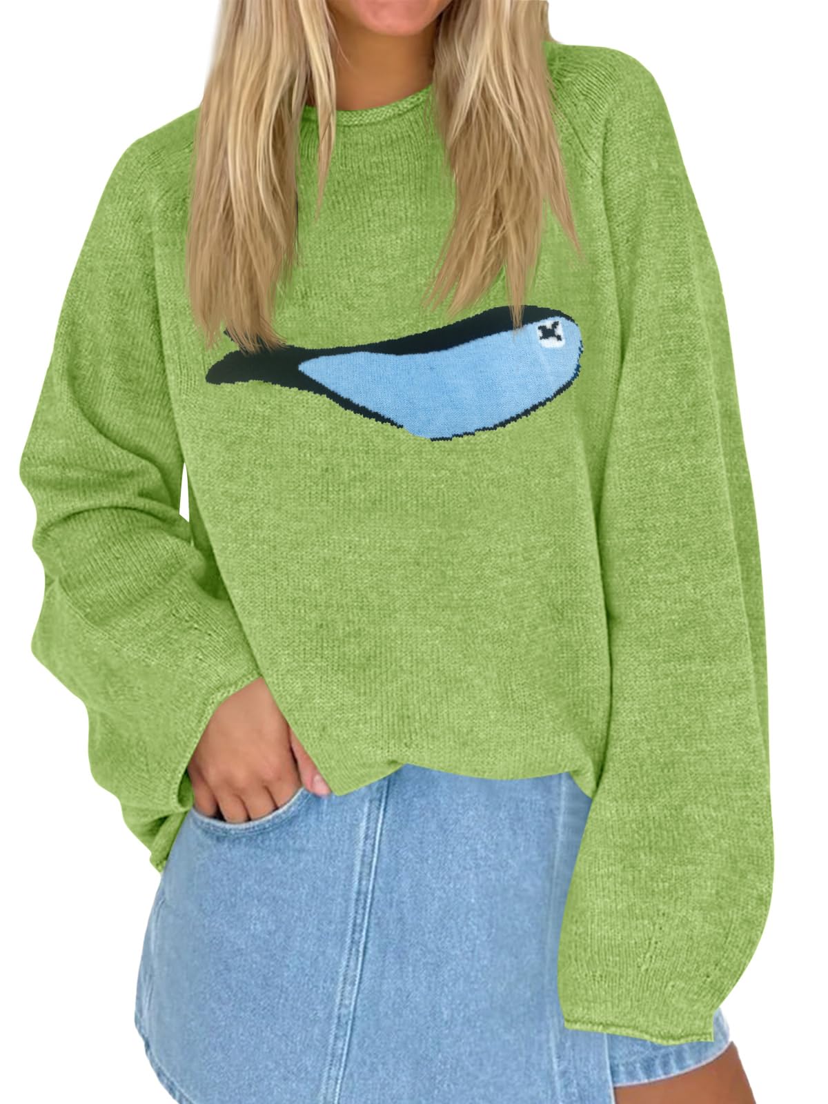 Tankaneo Womens Fish Graphic Oversized Sweaters Lightweight Knit Pullover