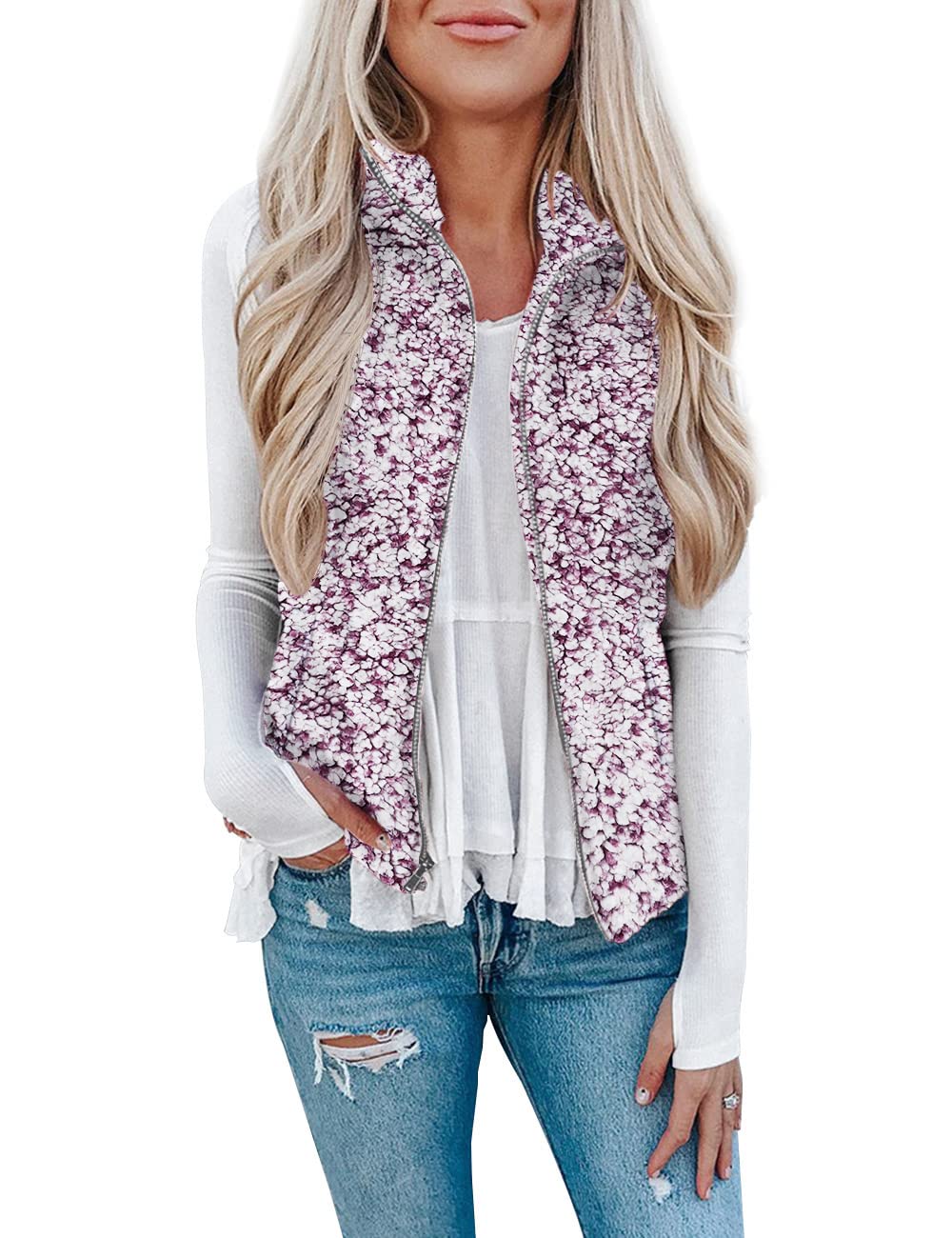 LOMON Womens Fuzzy Sherpa Fleece Jacket Lightweight Vest Cozy Sleeveless Cardigan Zipper Waistcoat Outerwear with Pocket