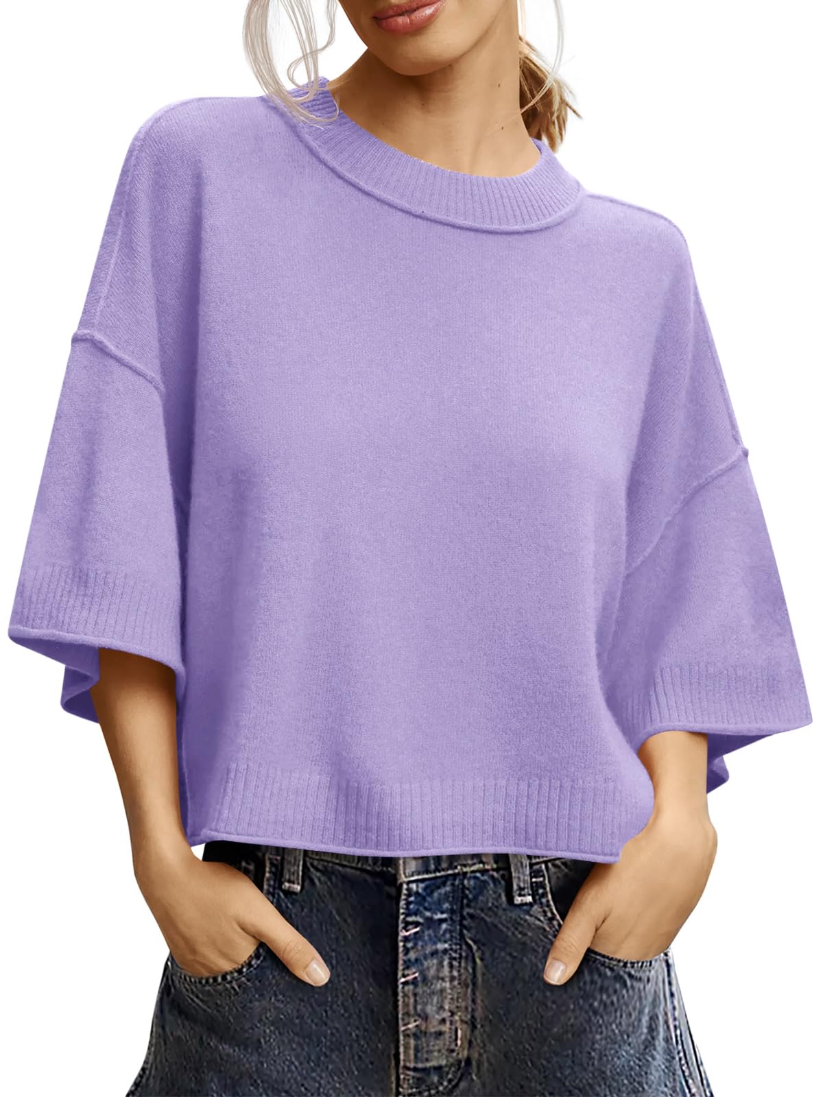 Saodimallsu Womens Short Sleeve Sweater Oversized Cropped Sweaters Knit Top
