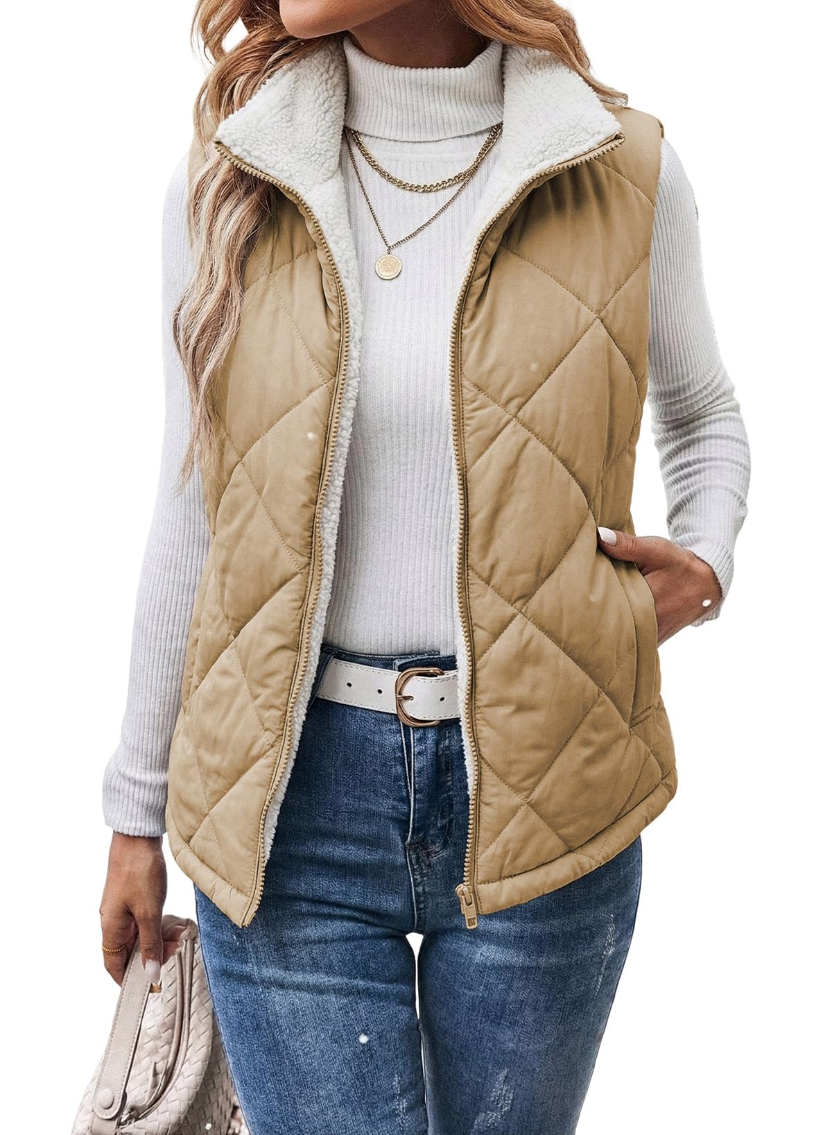 Dokotoo Womens Sherpa Fleece Vest Stand Collar Zip Up Puffer Quilted Jacket