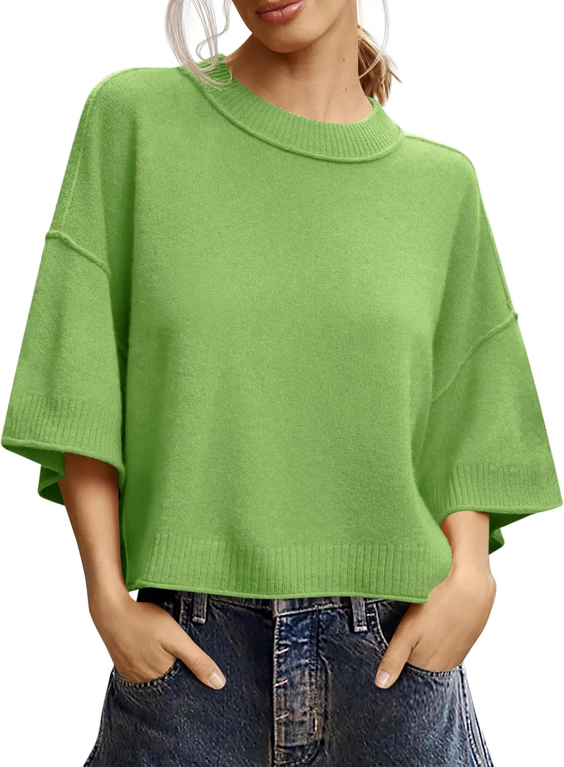 Saodimallsu Womens Short Sleeve Sweater Oversized Cropped Sweaters Knit Top