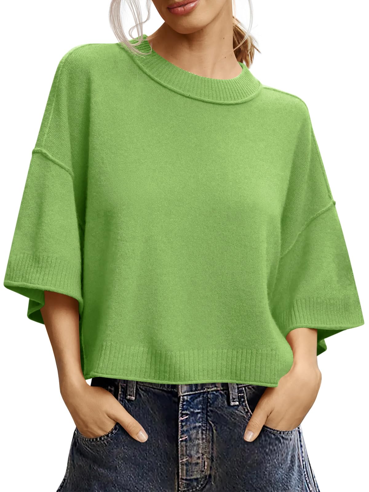 Saodimallsu Womens Short Sleeve Sweater Oversized Cropped Sweaters Knit Top
