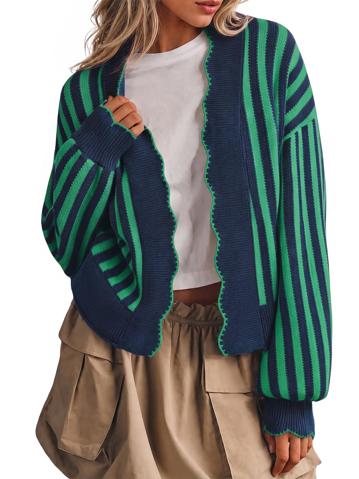 Flowyair Women's Striped Cardigan Sweater Open Front Ruffle Long Sleeve