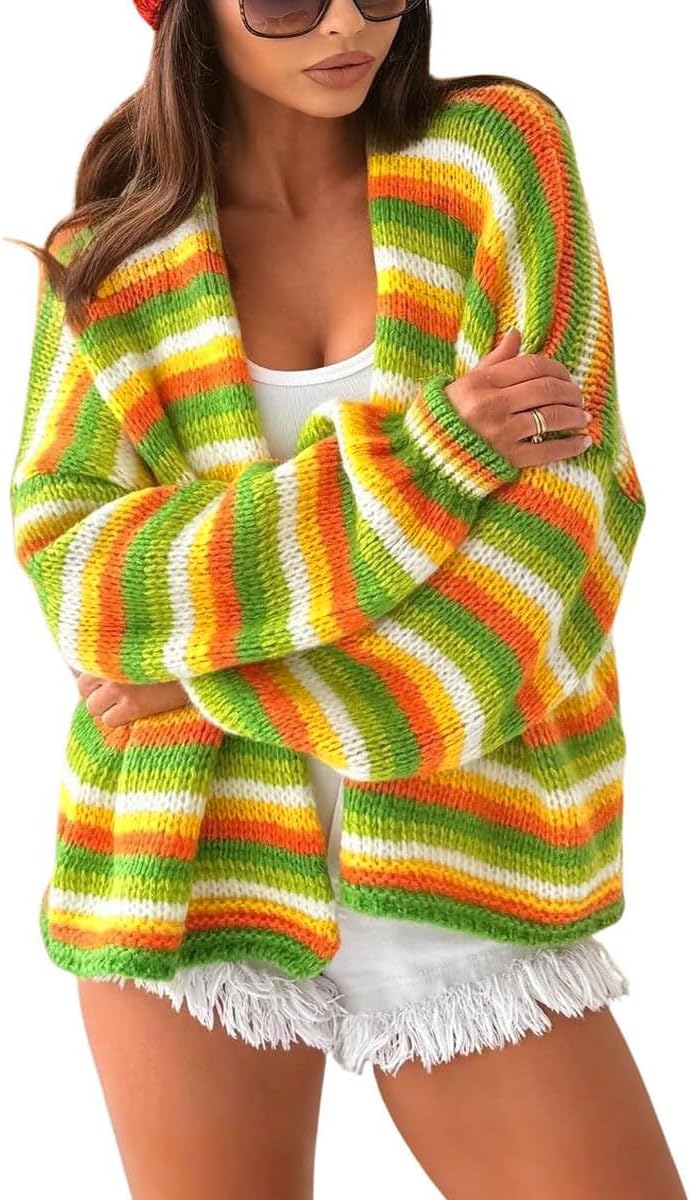 chouyatou Women's Fall Contrast Color Striped Cardigan Sweater Open Front Chunky Knit Cardigan Jacket