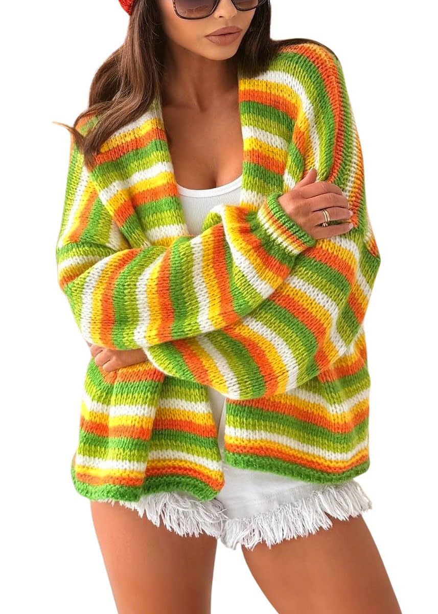 chouyatou Women's Fall Contrast Color Striped Cardigan Sweater Open Front Chunky Knit Cardigan Jacket