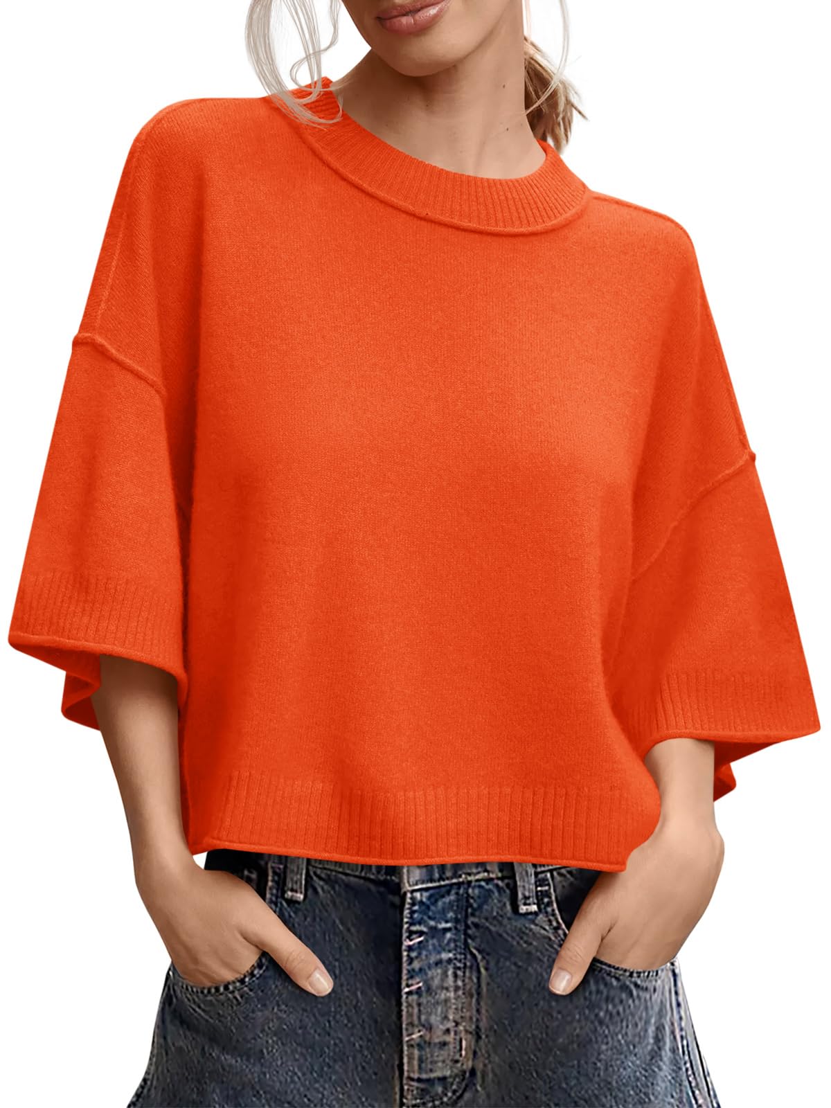 Saodimallsu Womens Short Sleeve Sweater Oversized Cropped Sweaters Knit Top