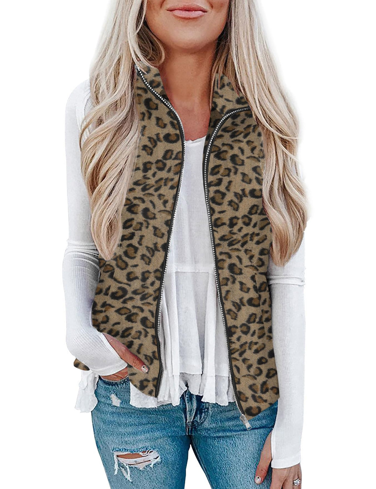 Rapbin Women's Plaid Outerwear Vests Tops Zip Up Collared Sleeveless Jacket with Pockects