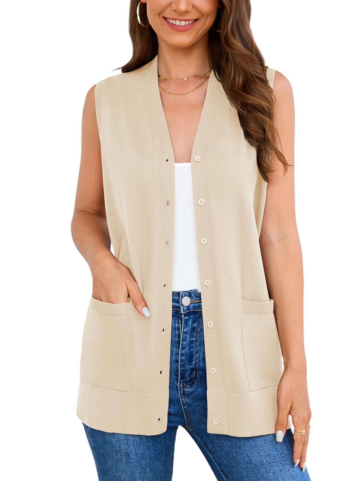 Veryoung Women's 2026 Sleeveless Button Down Cardigan Sweaters Fashion Casual Soft Knit Office Duster Vests with Cozy Pockets