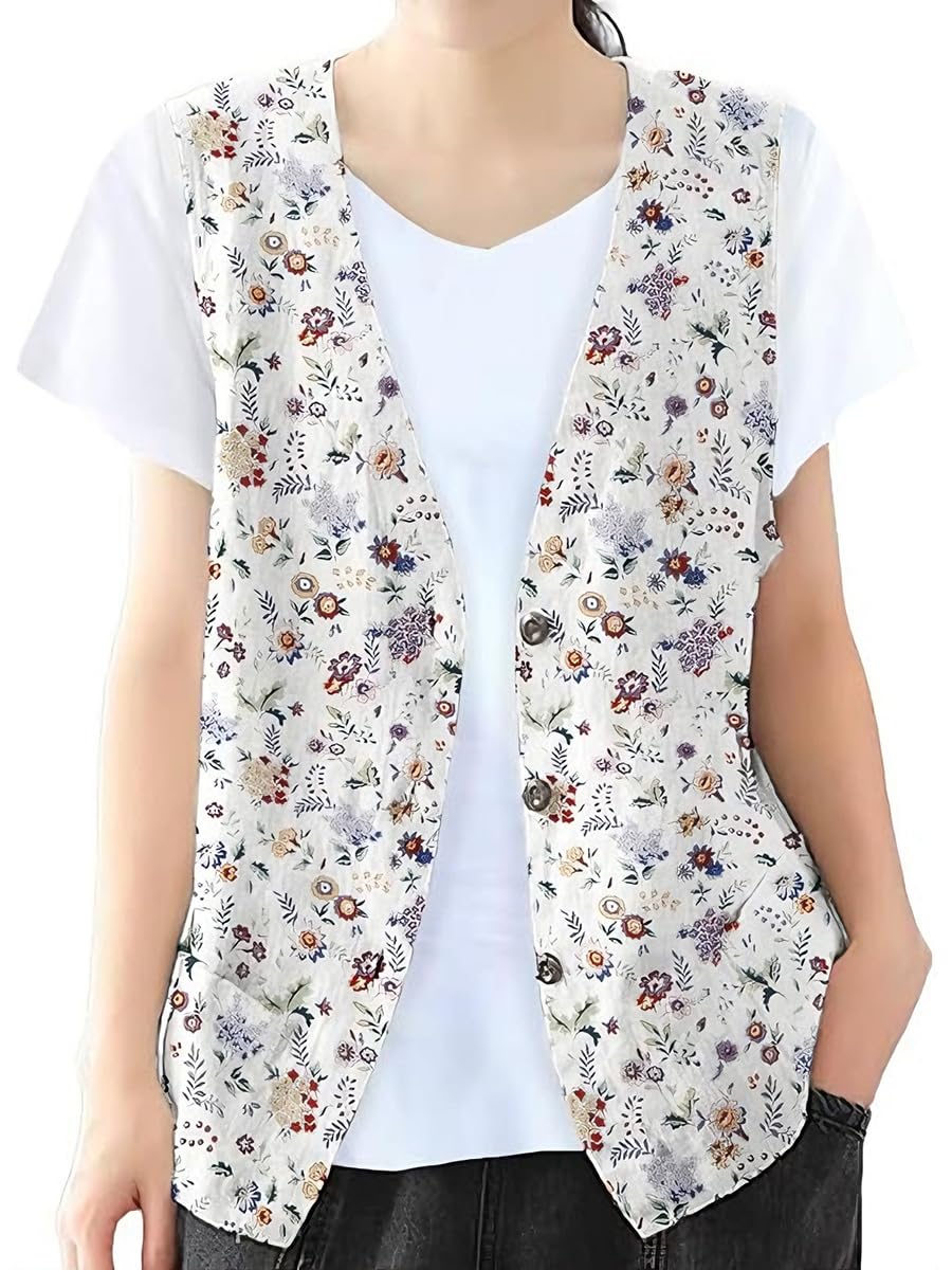 IDEALSANXUN Womens Cotton Linen Vest Casual Sleeveless Blazer