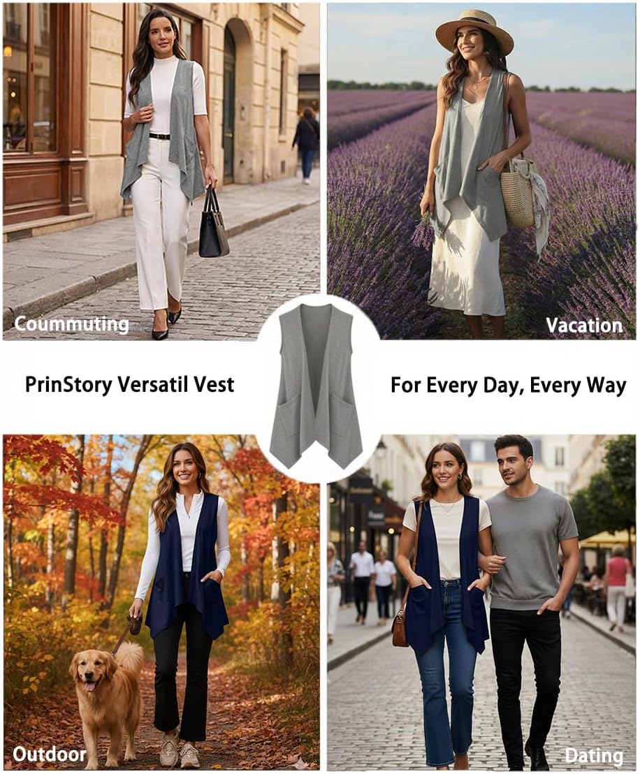 PrinStory Womens Sleeveless Cardigan Vest Lightweight Open Front Cardigan