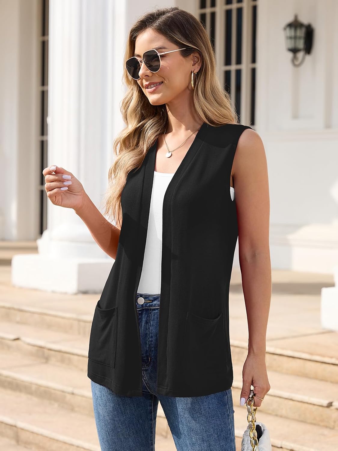 Veryoung Womens Sleeveless Open Front Cardigan Vest Lightweight Thin Vests Layering Top with Pockets for Summer Casual Office