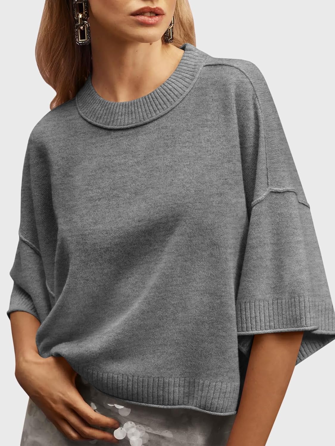 Saodimallsu Womens Short Sleeve Sweater Oversized Cropped Sweaters Knit Top