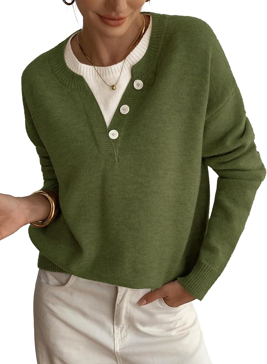 Womens Sweaters Casual Henley Neck Long Sleeve Pullover Tops 2026