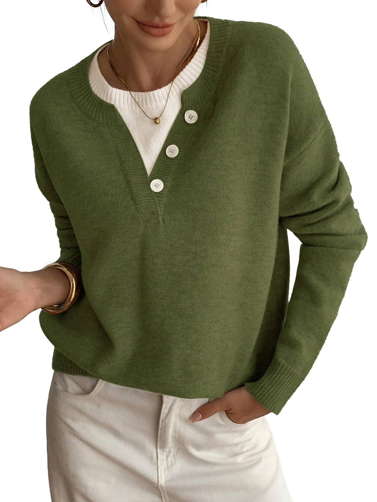Womens Sweaters Casual Henley Neck Long Sleeve Pullover Tops 2026