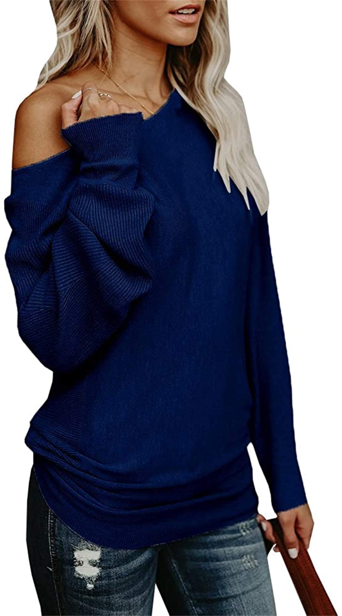 UMEKO Womens Off The Shoulder Sweater Oversized Knit Long Sleeve Sweaters Tunic Tops