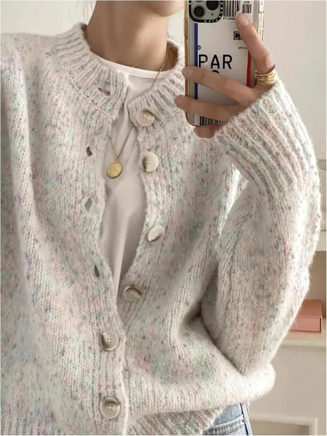 WDIRARA Women's Button Down Cardigan Sweaters Crewneck Long Sleeve Knit Outerwear Casual Knitwear