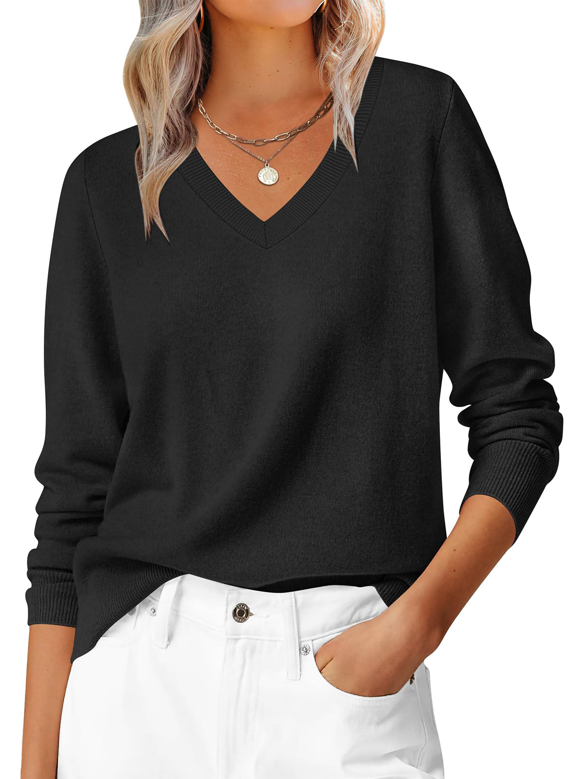 ANRABESS Women’s Fall Long Sleeve V Neck Lightweight Sweaters Top