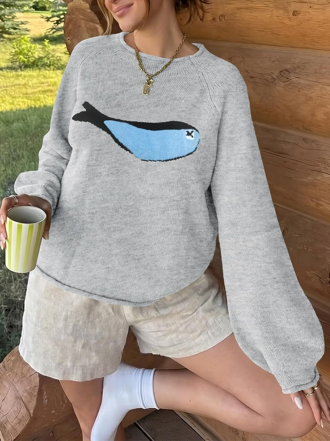 Tankaneo Womens Fish Graphic Oversized Sweaters Lightweight Knit Pullover