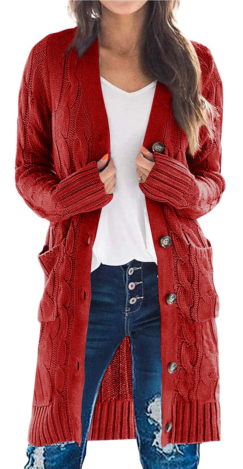 PRETTYGARDEN Womens Cable Knit Button Long Cardigan Sweaters