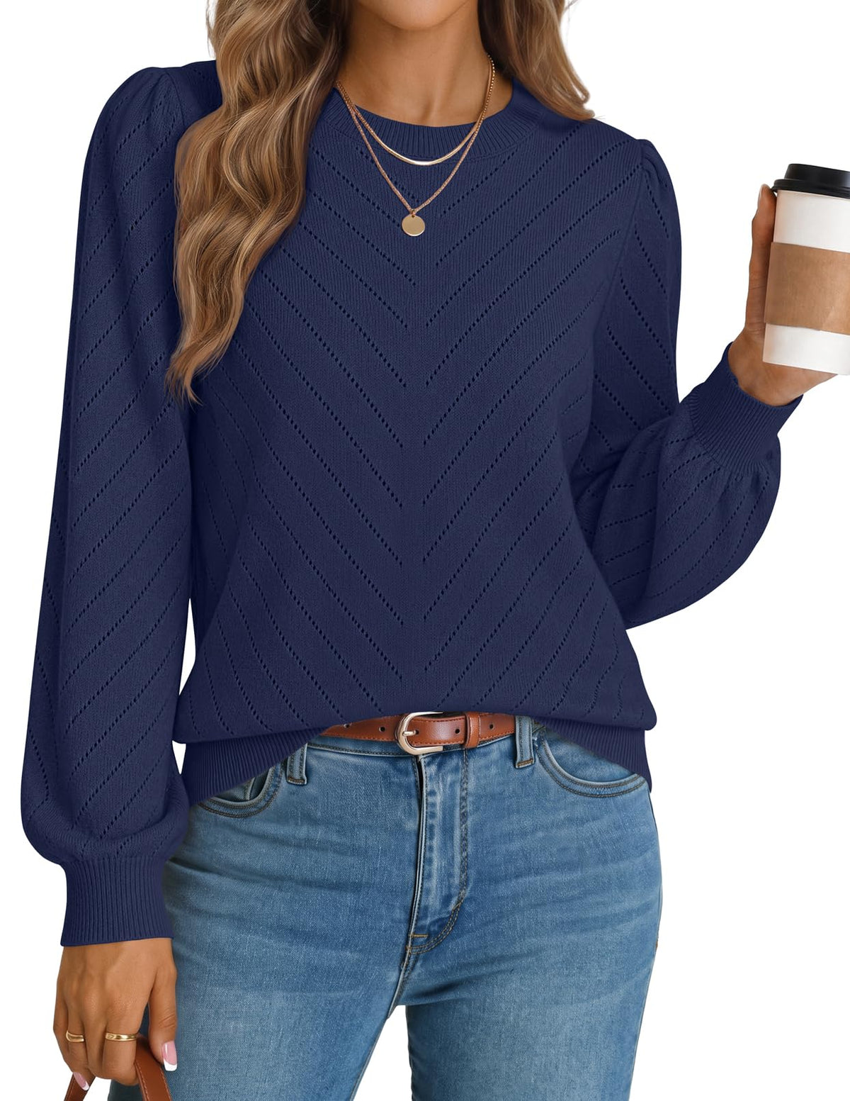 MEROKEETY Womens Fall Lightweight Sweater Long Sleeve Eyelet Pullover Tops