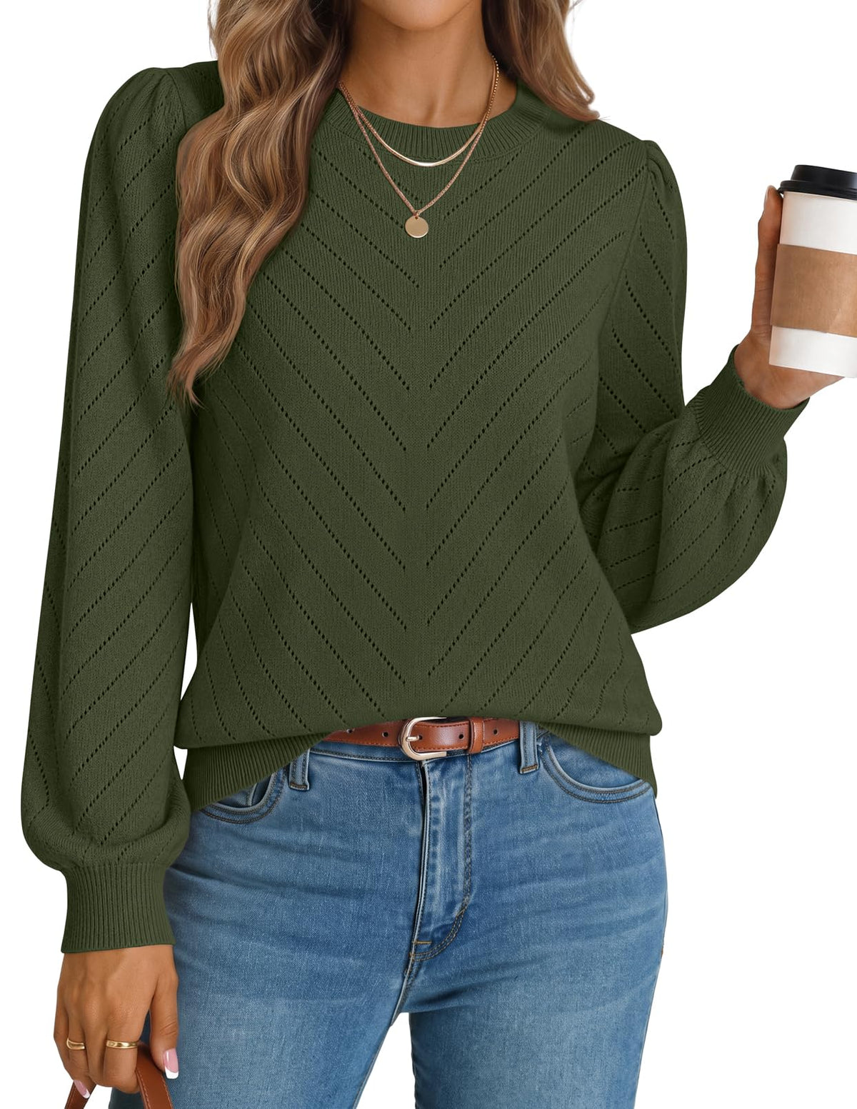 MEROKEETY Womens Fall Lightweight Sweater Long Sleeve Eyelet Pullover Tops