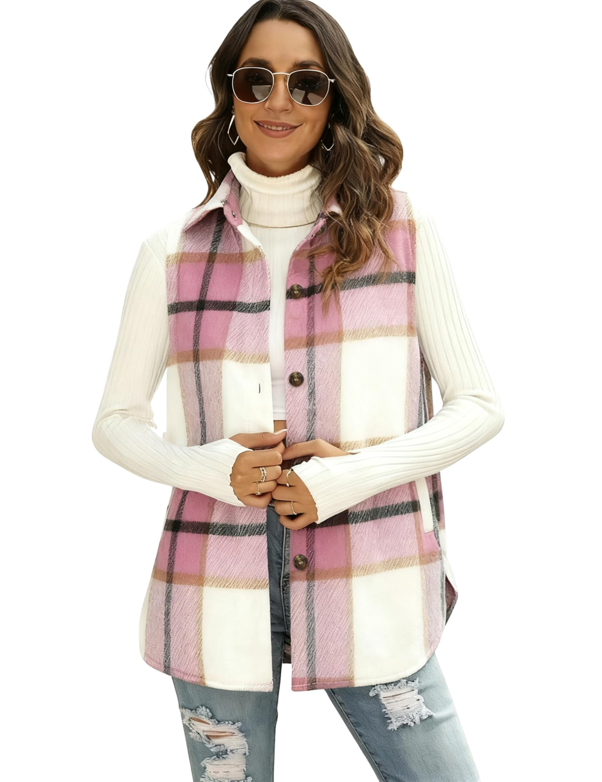 Tanming Women's Plaid Vest Fall Flannel Sleeveless Shacket