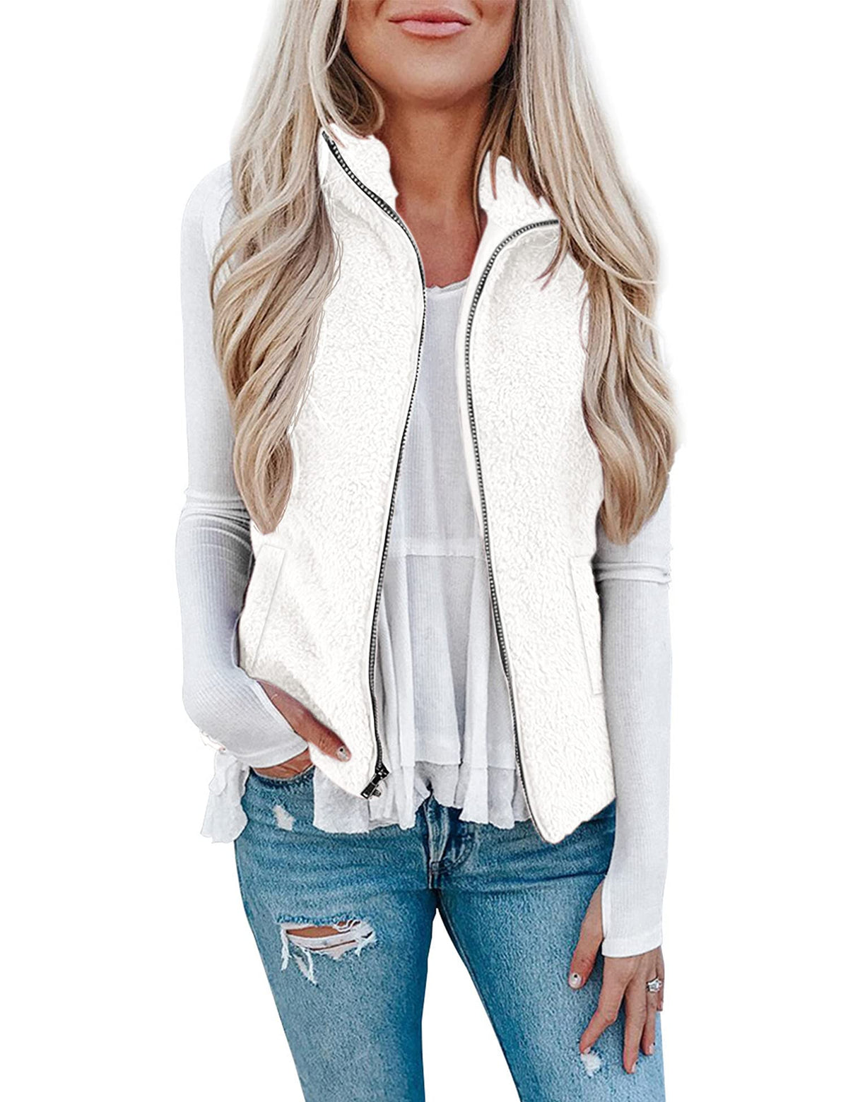 LOMON Womens Fuzzy Sherpa Fleece Jacket Lightweight Vest Cozy Sleeveless Cardigan Zipper Waistcoat Outerwear with Pocket