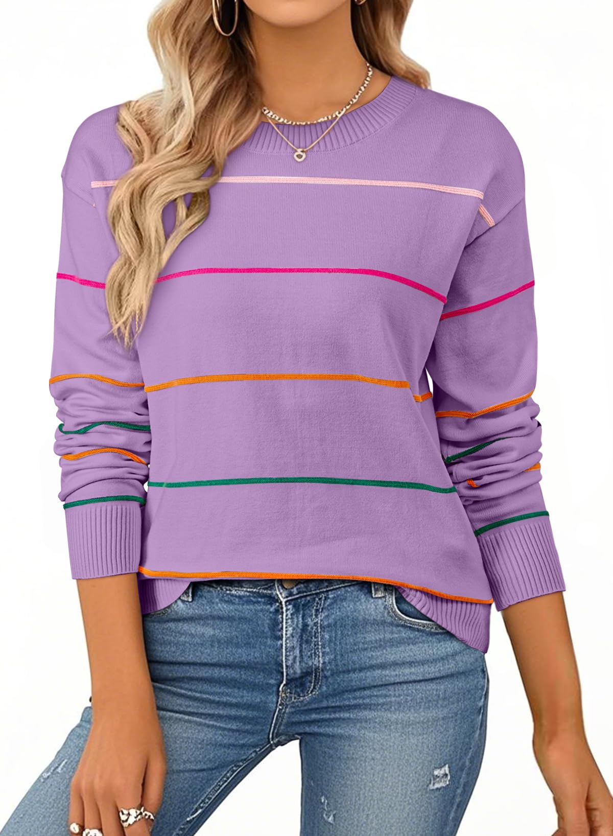 SHEWIN Womens Sweaters Crew Neck Knit Long Sleeve Striped Sweater Fall Outfits for Women 2026