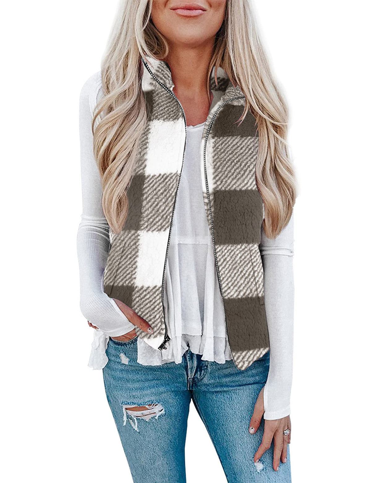 LOMON Womens Fuzzy Sherpa Fleece Jacket Lightweight Vest Cozy Sleeveless Cardigan Zipper Waistcoat Outerwear with Pocket