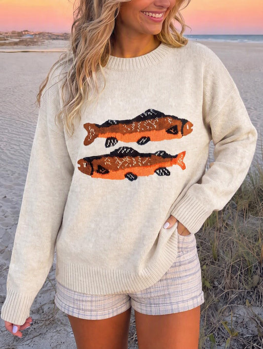 Flowyair Womens Fish Graphic Sweater Long Sleeve Knit Crew Neck Pullover