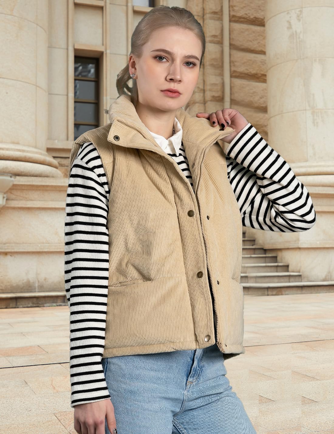 Womens Corduroy Puffer Vest Stand Collar Zip Snap Button Sleeveless Warm Waistcoat Padded Gilet